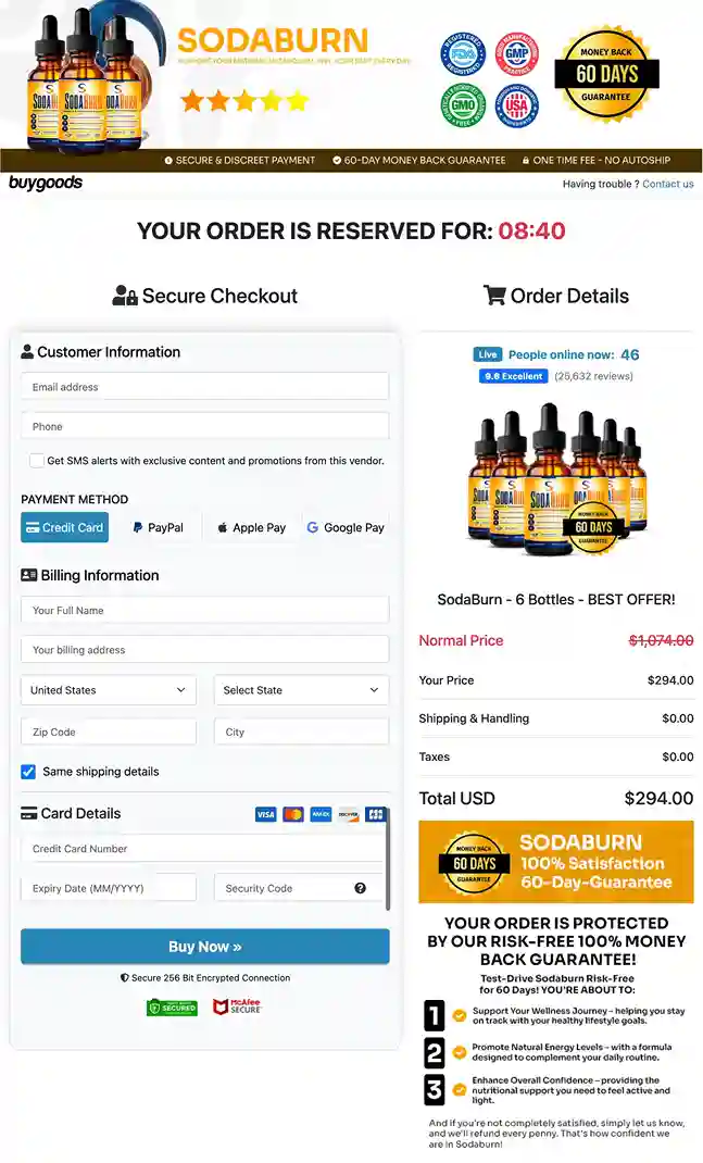 SodaBurn Secure Payment - All Major Cards, SSL Encrypted